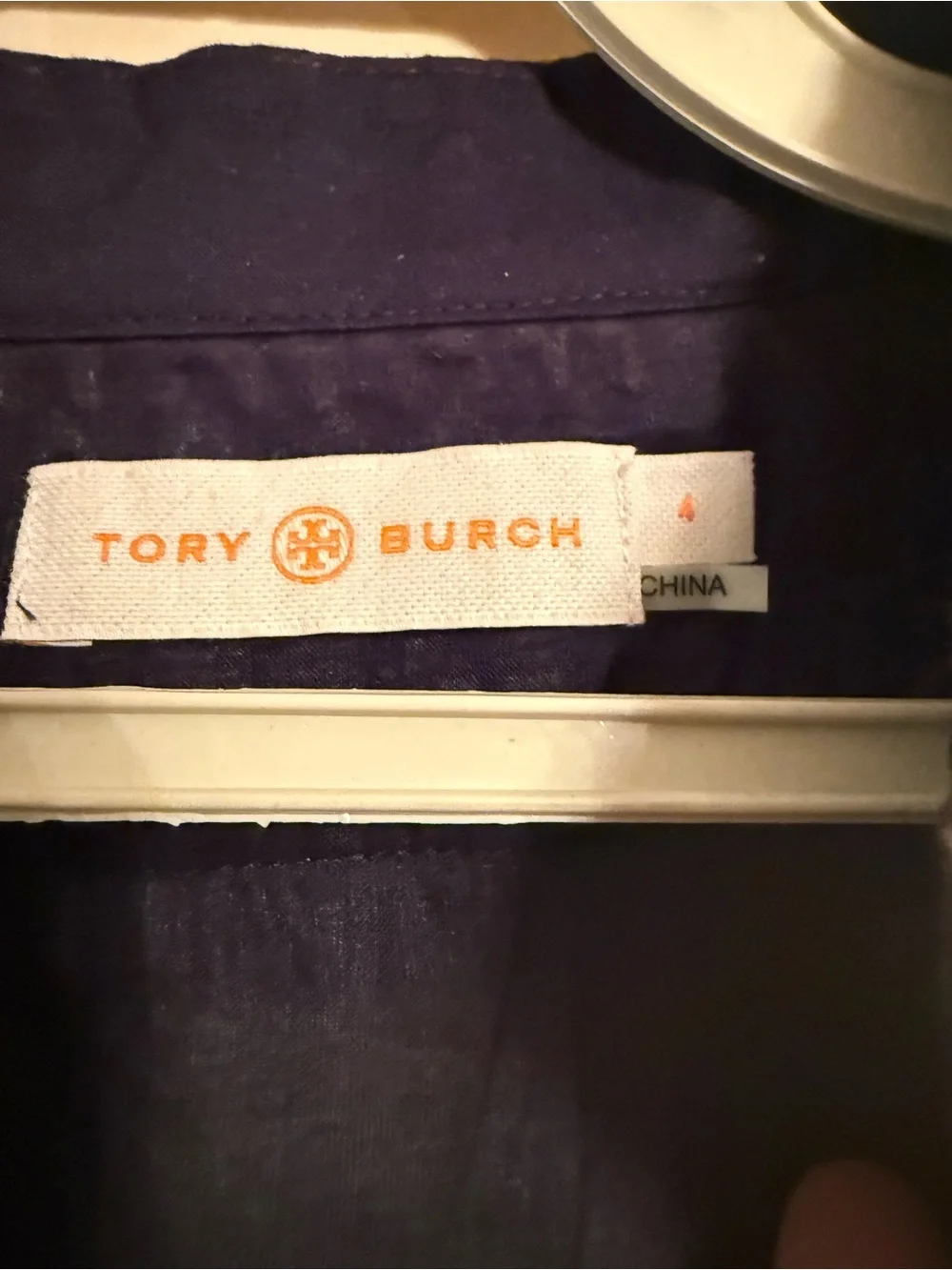 Tory Burch Navy Tunic Top with White Embroidery and Gold Trim